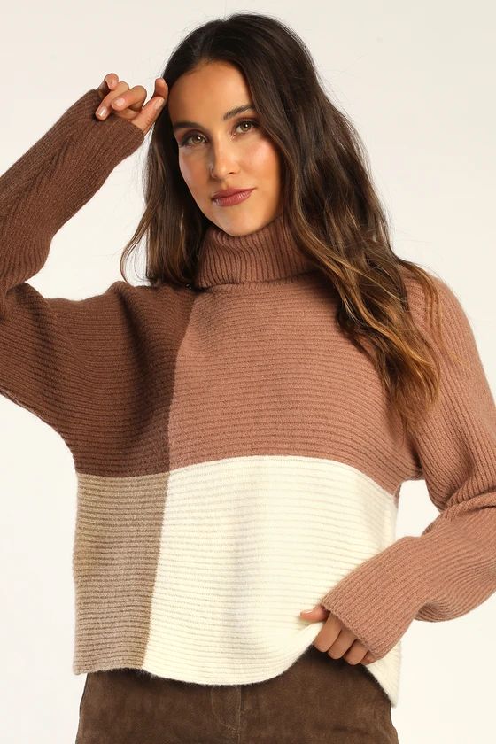 Snow Into You Brown Color Block Turtleneck Pullover Sweater | Lulus (US)