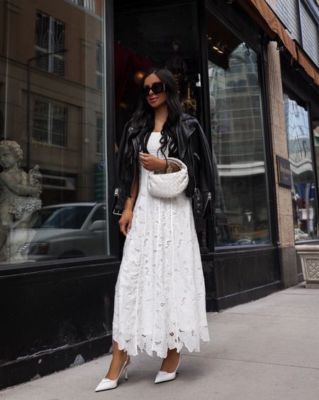 Casual spring outfit 
White spring lace dress wearing an XS
AllSaints leather jacket wearing a US 2
Prada white slingback pumps sized down by 1/2




#LTKshoecrush #LTKstyletip #LTKSeasonal