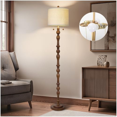 65.5" Natural Real Wood Floor Lamp with S Cluster Pull Chains Dual Switch,Wood Base Standing Lamp,Rustic Tall Lamp with Linen Shade,Farmhouse Floor Lamp for Living Room,Bedroom,Office(Bulb Included) | Amazon (US)