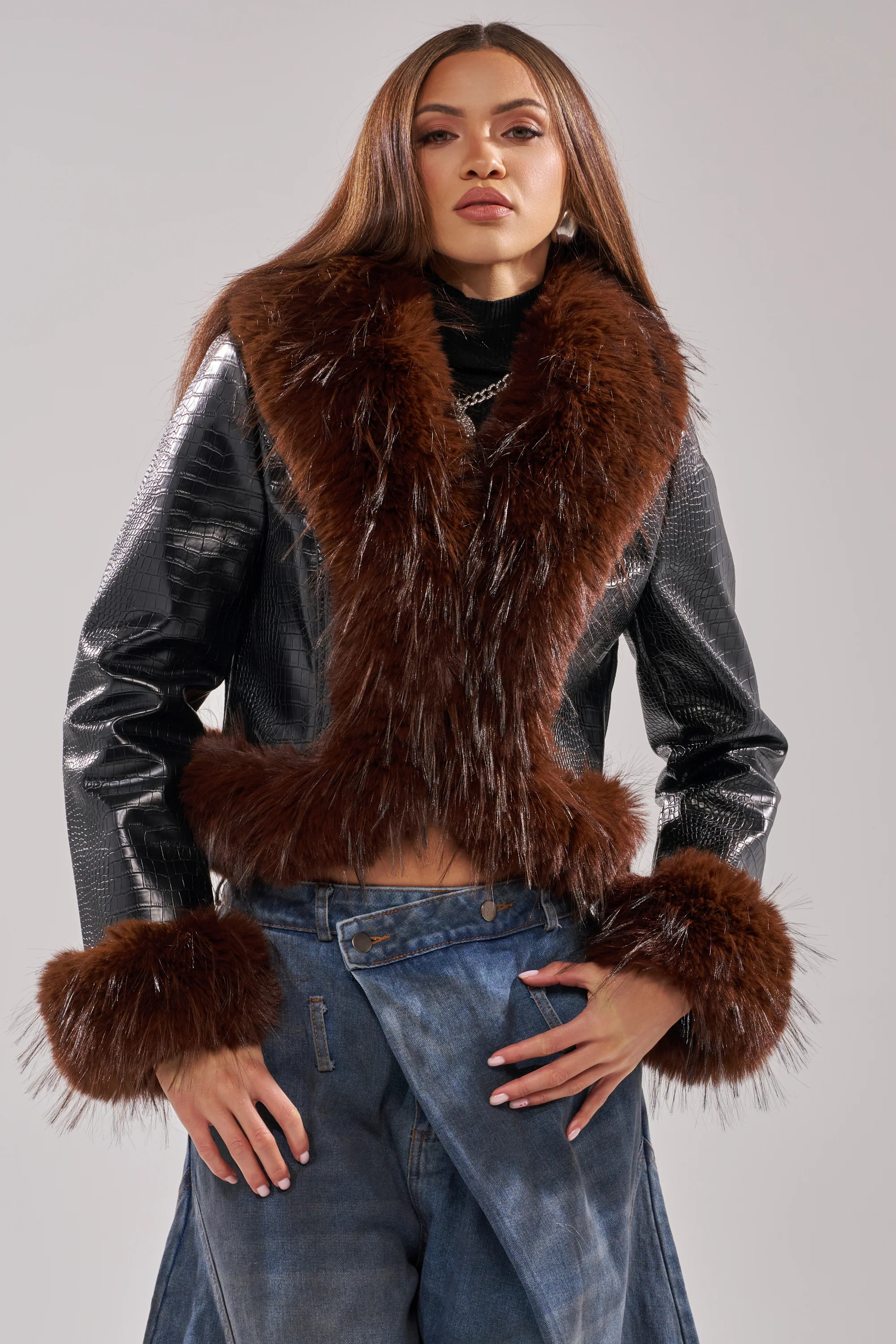 LUNNA FUR TRIM MOTO IN BLACK CROC | AKIRA