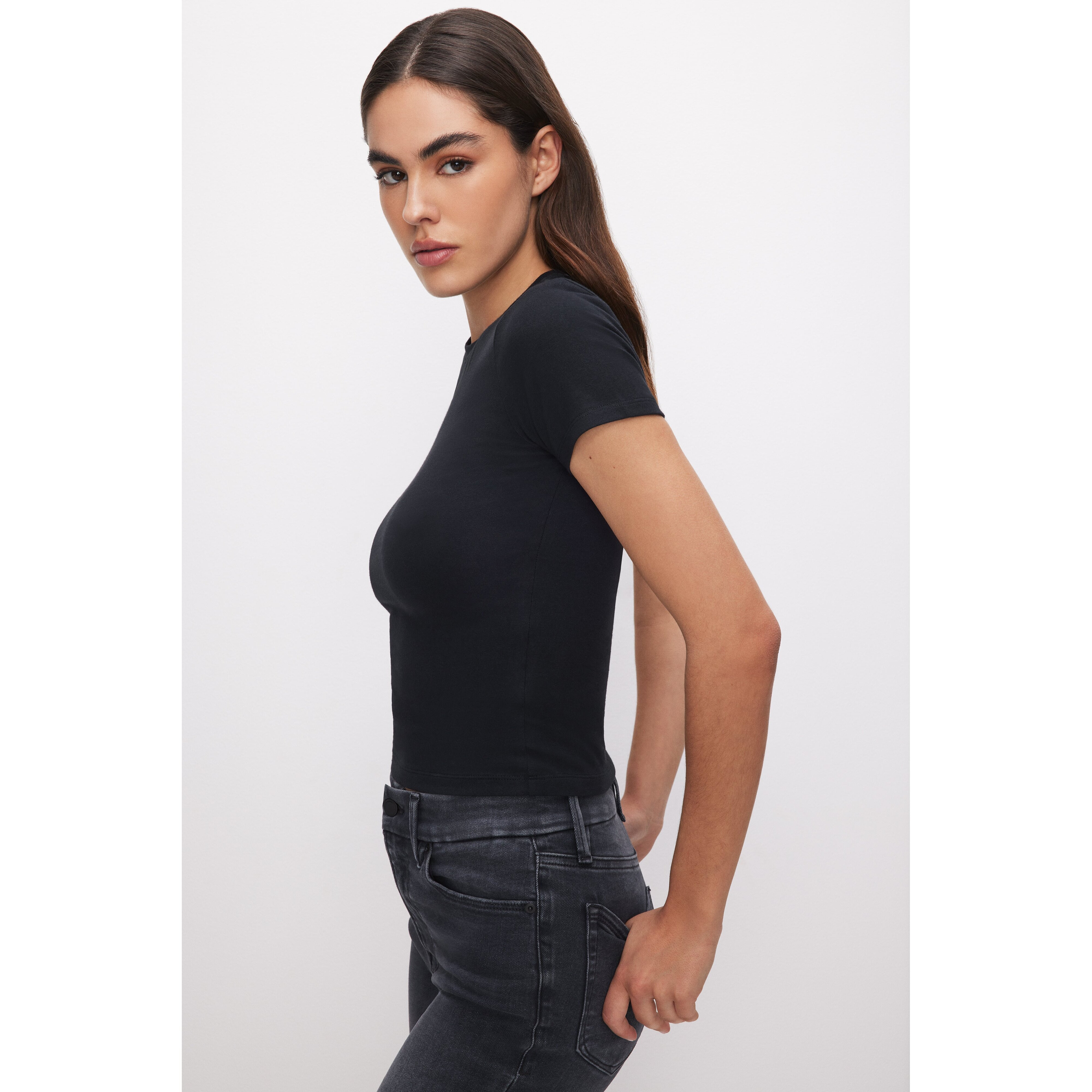 Women's Super Stretch Baby T-Shirt | Black, Size Large | Good American by Khlo� Kardashian | Good American