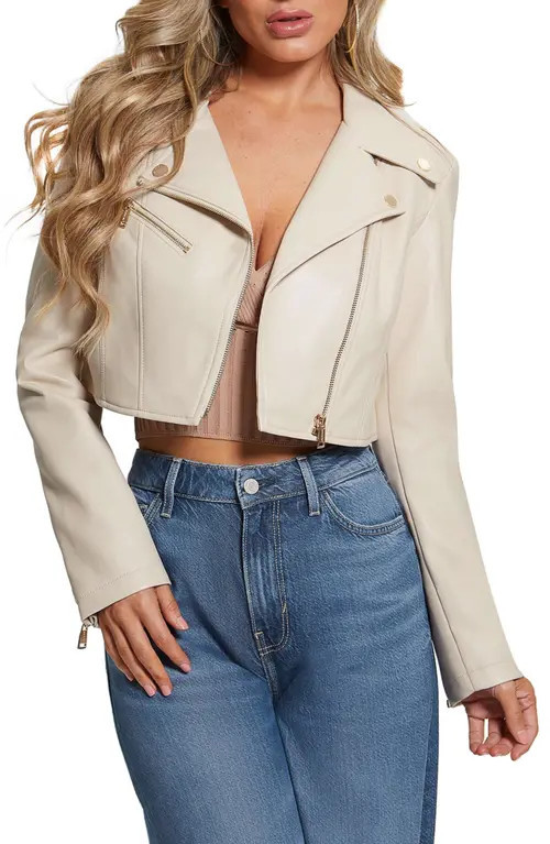 GUESS Rochelle Faux Leather Crop Moto Jacket in Beige at Nordstrom, Size Small | Nordstrom