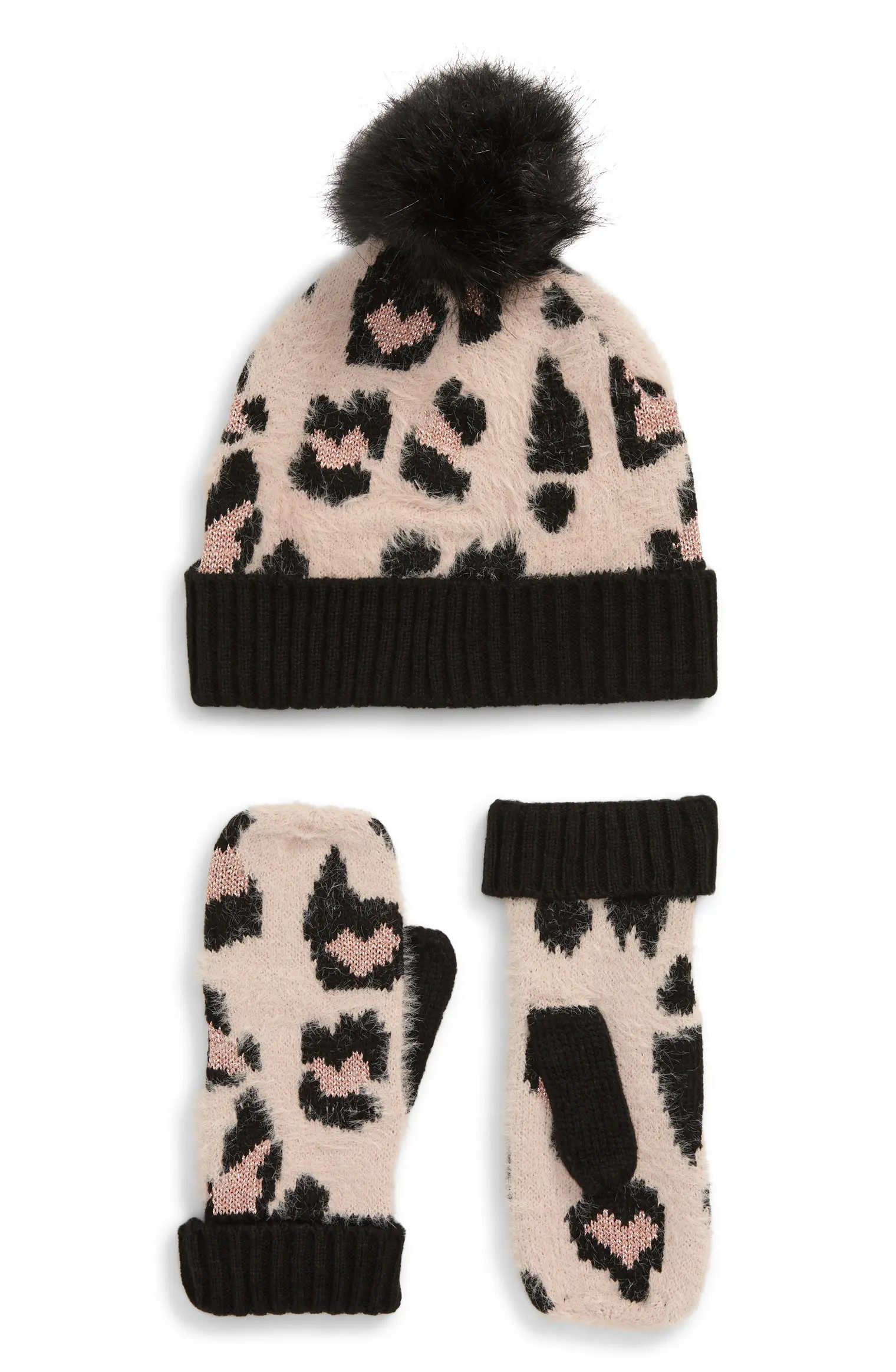 Leopard Embellished Pompom Beanie & Mittens Set | Nordstrom