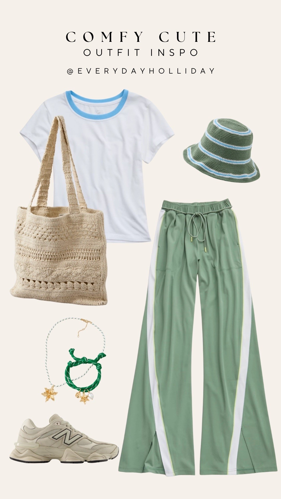 Comfy cute season is officially here and this Aerie look has my whole heart. The sage track pants with the white stripe paired with a baby tee and New Balance 9060s is such an effortless combo — then add the crochet tote and the striped bucket hat and it just comes together so well. Everything is linked!

#LTKootd #LTKgrwm #LTKmomlife