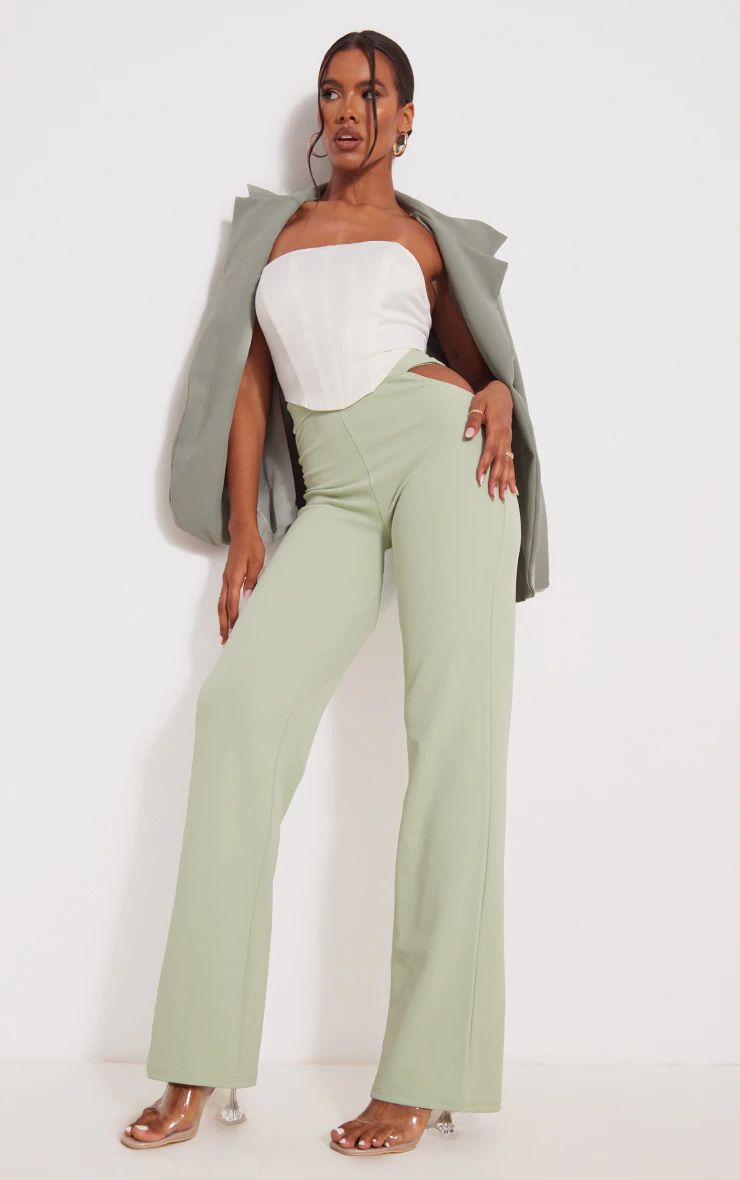 Sage Green Crepe Side Cut Out Wide Leg Pants | PrettyLittleThing US