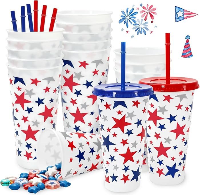 Whaline 12Pcs Patriotic Plastic Cups Plastic Tumbler 24oz Red Blue Silver 4th of July Star Cold C... | Amazon (US)