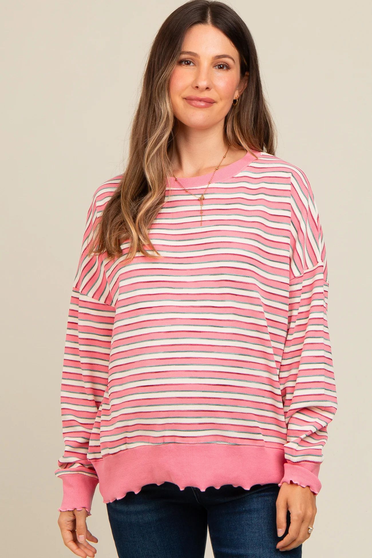 Light Olive Striped Ruffle Hem Maternity Long Sleeve Top | PinkBlush Maternity