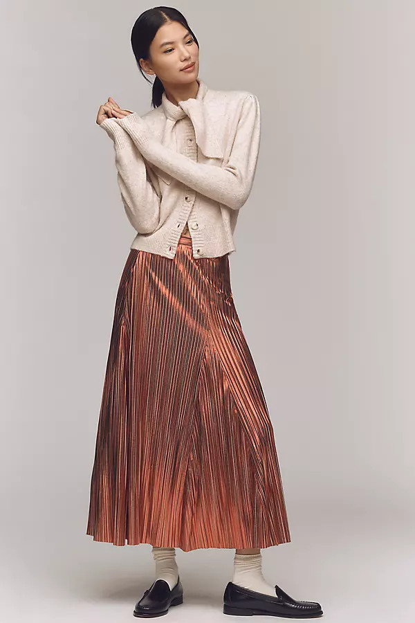 By Anthropologie Metallic Pleated Midi Skirt | Anthropologie (US)