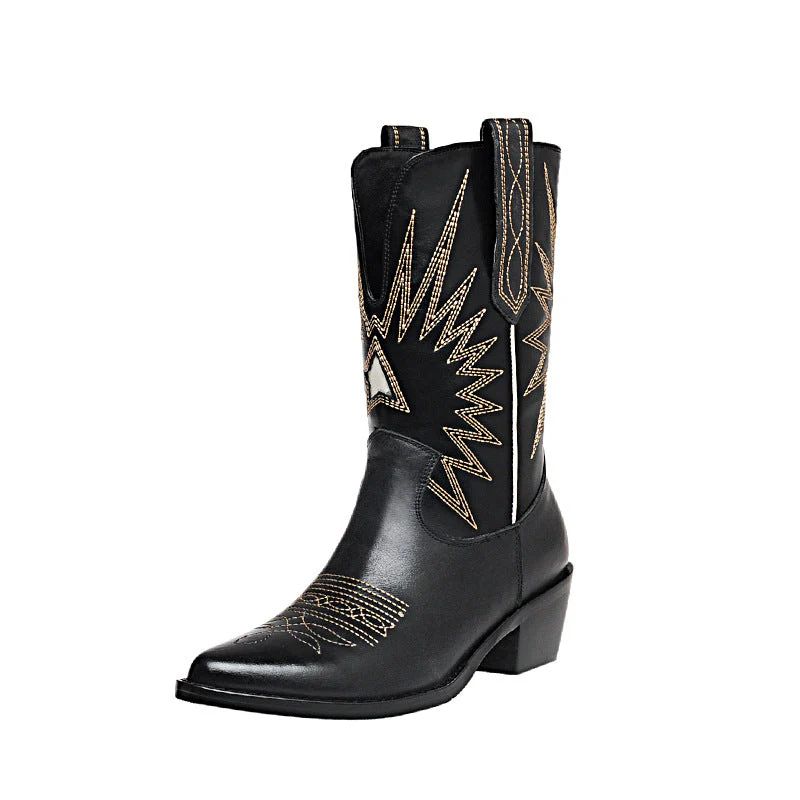 Womens Western Boots Mid Calf Contrast-stitching Cowboy Boots- Black/White Cowgirl Boots | DWARVES LLC