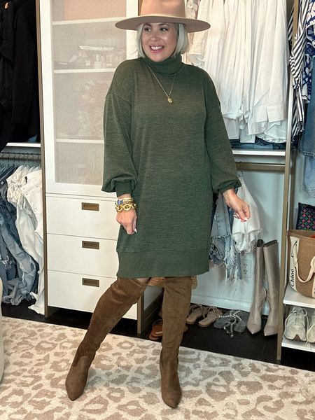 Green sweater dress is light weight, NOT itchy, runs tts, size large 
Knee high boots from Amazon 


#LTKover40 #LTKmidsize #LTKplussize