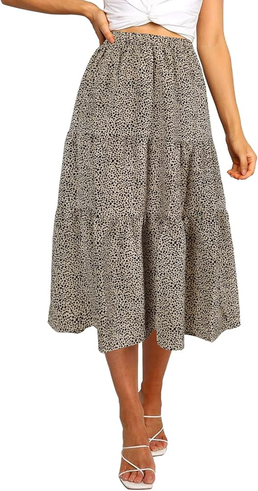 MEROKEETY Women's Boho Leopard Print Skirt Pleated A-Line Swing Midi Skirts | Amazon (US)