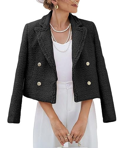 Tweed Blazers for Women Cropped Business Casual Fall Fashion 2024 Womens' Work Professional Blazer Jackets Short Crop Petite Blazers for Womens Dressy Outfits Black 0S | Amazon (US)