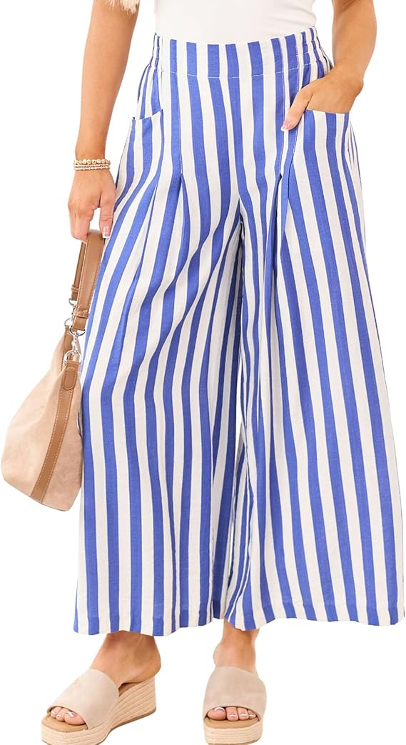 Athlisan Women's Summer Striped Palazzo Pants Elastic Waist Wide Leg Beach Lounge Casual Vacation... | Amazon (US)