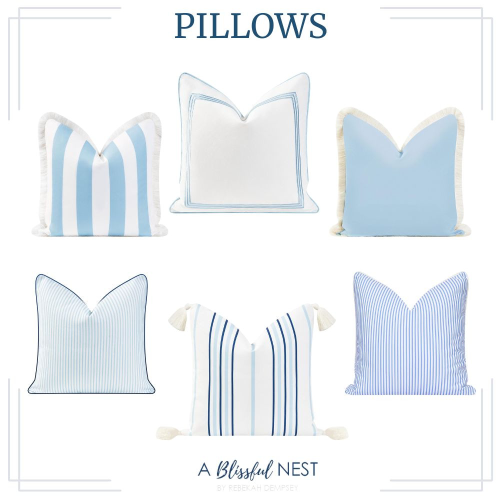 Grab these beautiful blue and white pillows to add coastal charm to your home! baby blue stripe fringe pillow, baby blue embroidered square line pillow, baby blue pillow with cream fringe, blue stripe pillow, baby blue navy stripe tassel pillow, cornflower blue stripe pillow 

 #LTKHome #LTKFindsUnder50 #LTKFindsUnder100