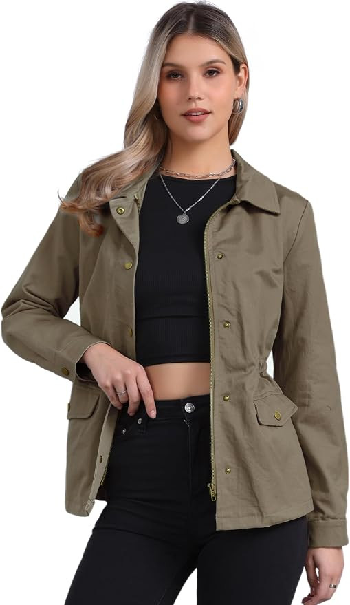 Allegra K Women's Utility Jacket Zip Up Drawstring Waist Snap Buttons Lightweight Anorak Jackets ... | Amazon (US)