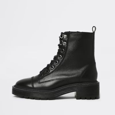 Black wide fit leather biker boots | River Island (UK & IE)