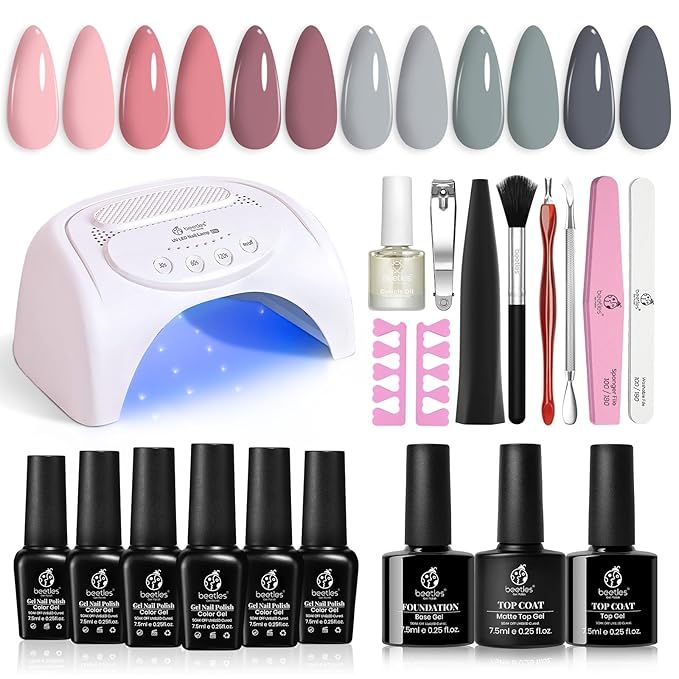 Beetles Gel Nail Polish Kit with Uv Light 48W Led Nail Lamp 6 Colors Nude Gray Pink Gel Polish St... | Amazon (US)