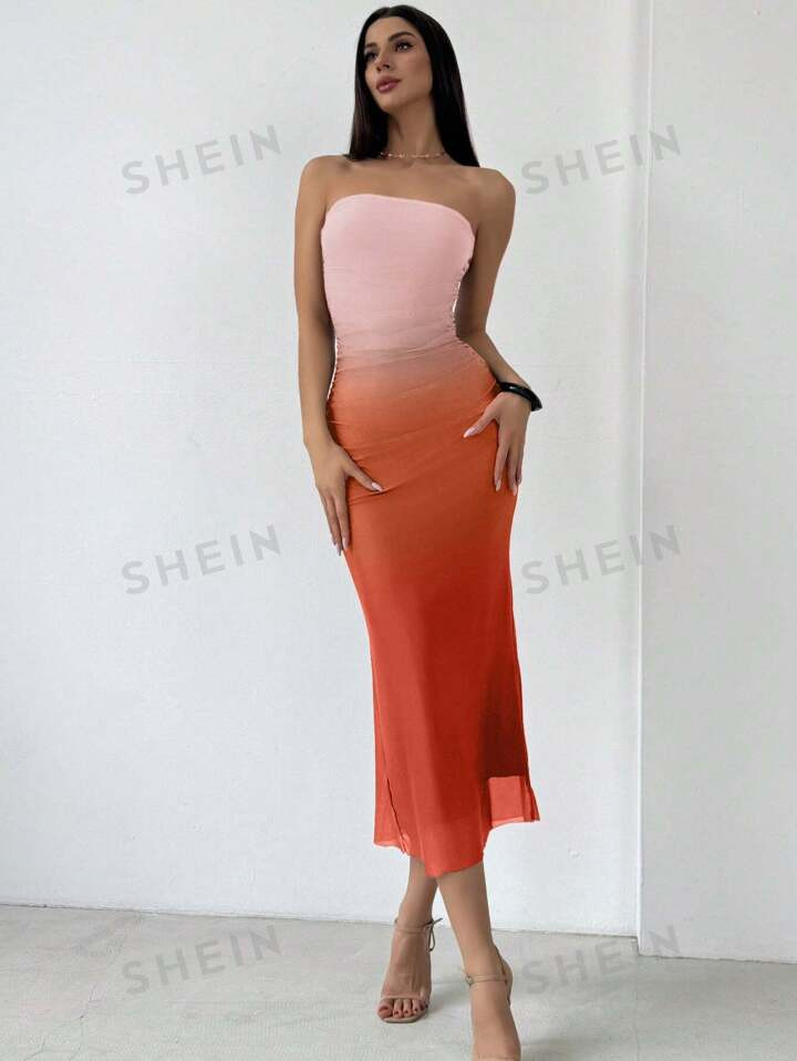 SHEIN Aloruh American-Style Gradient Mesh Print Strapless Bodycon Dress | SHEIN