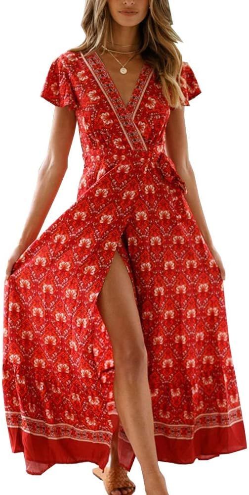 PRETTYGARDEN Women's Summer Bohemian Floral Printed Ruffle Hem Split Belted Flowy Long Dress | Amazon (US)