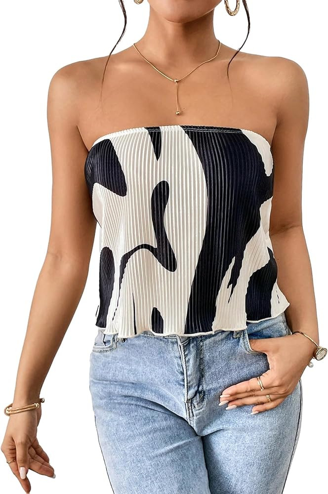 Verdusa Women's Colorblock Tube Top Casual Strapless Blouse Plisse Tops | Amazon (US)