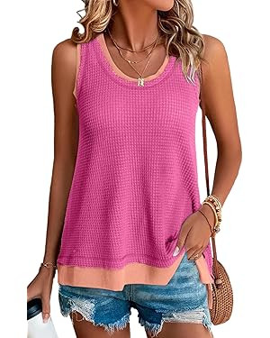 BLENCOT Women's Tops Waffle Knit Summer Tank Tops Casual Scoop Neck Sleeveless Loose Tunic Shirts | Amazon (US)