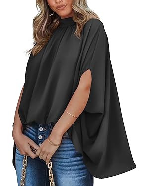 BTFBM Womens Summer Tops 2025 Fall Mock Neck Batwing Sleeve Shirts Loose High Low Hem Oversized D... | Amazon (US)