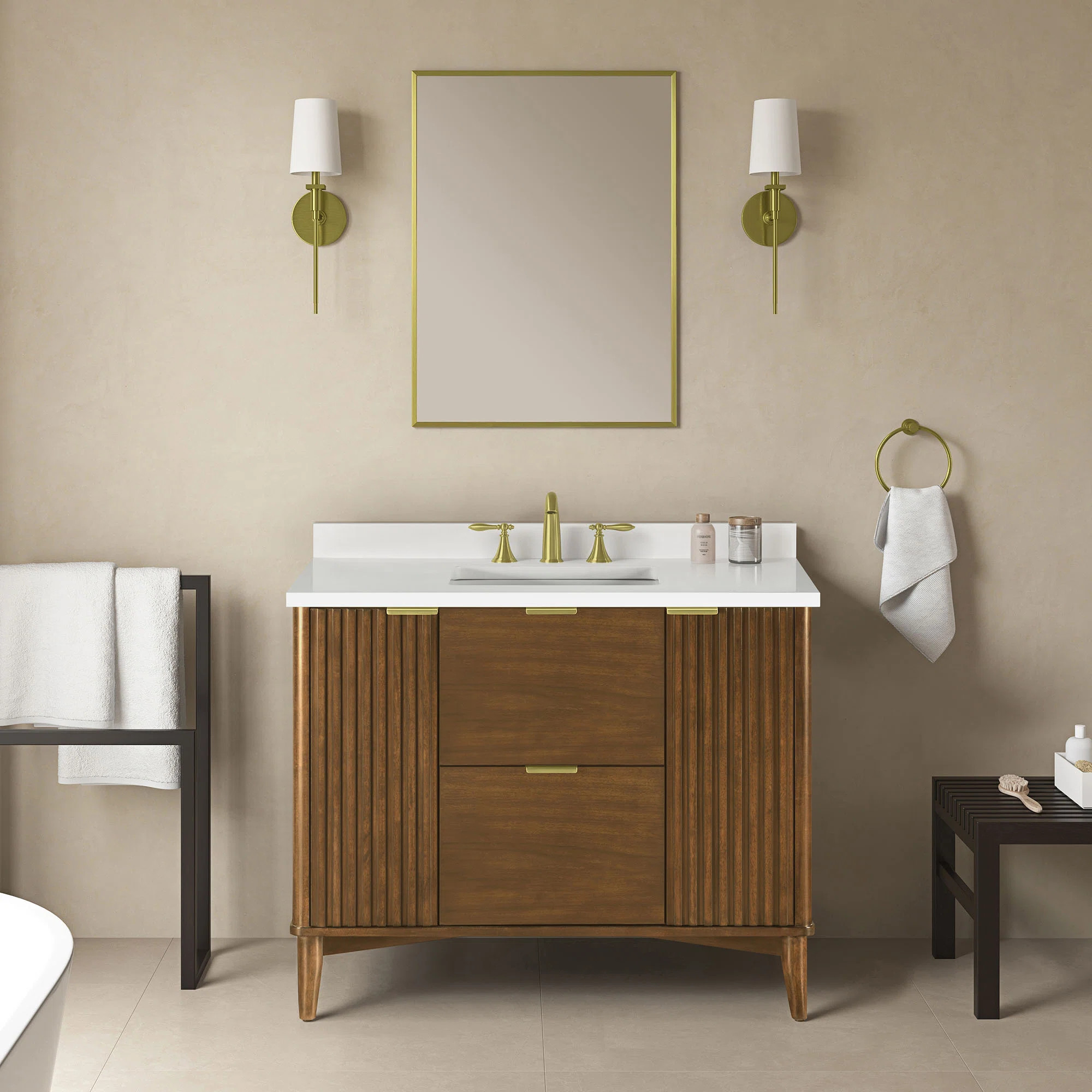 OVE Decors Gabi 42 In. Single Sink Freestanding Warm Walnut Bathroom Vanity With White Engineered... | Wayfair North America