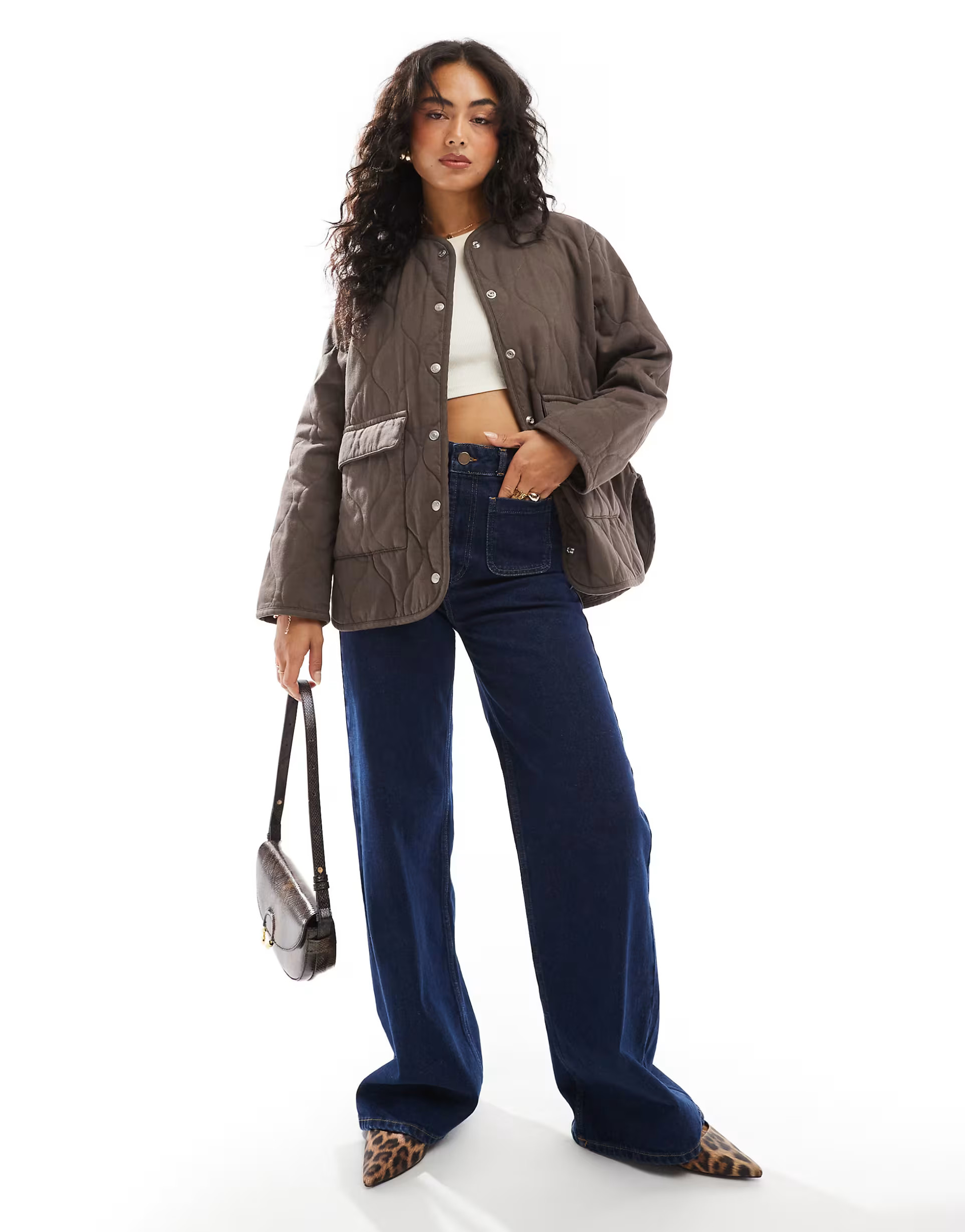 ASOS DESIGN denim quilted jacket in brown | ASOS (Global)