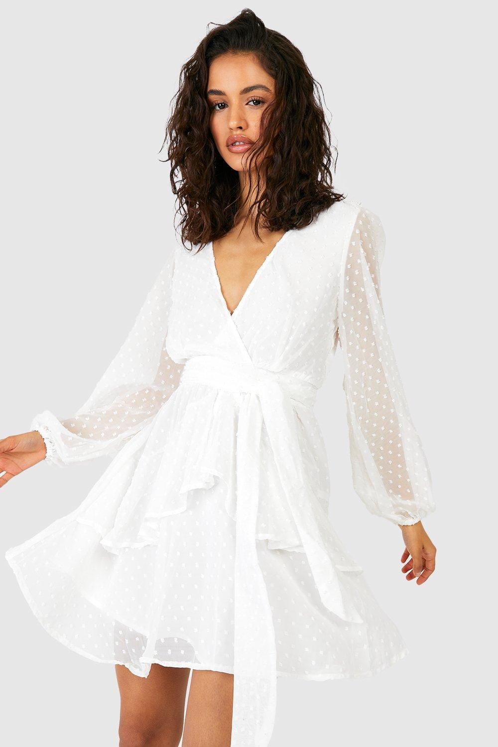 Womens Ruffle Hem Dobby Chiffon Mini Dress - White - 16 | Boohoo.com (US & CA)