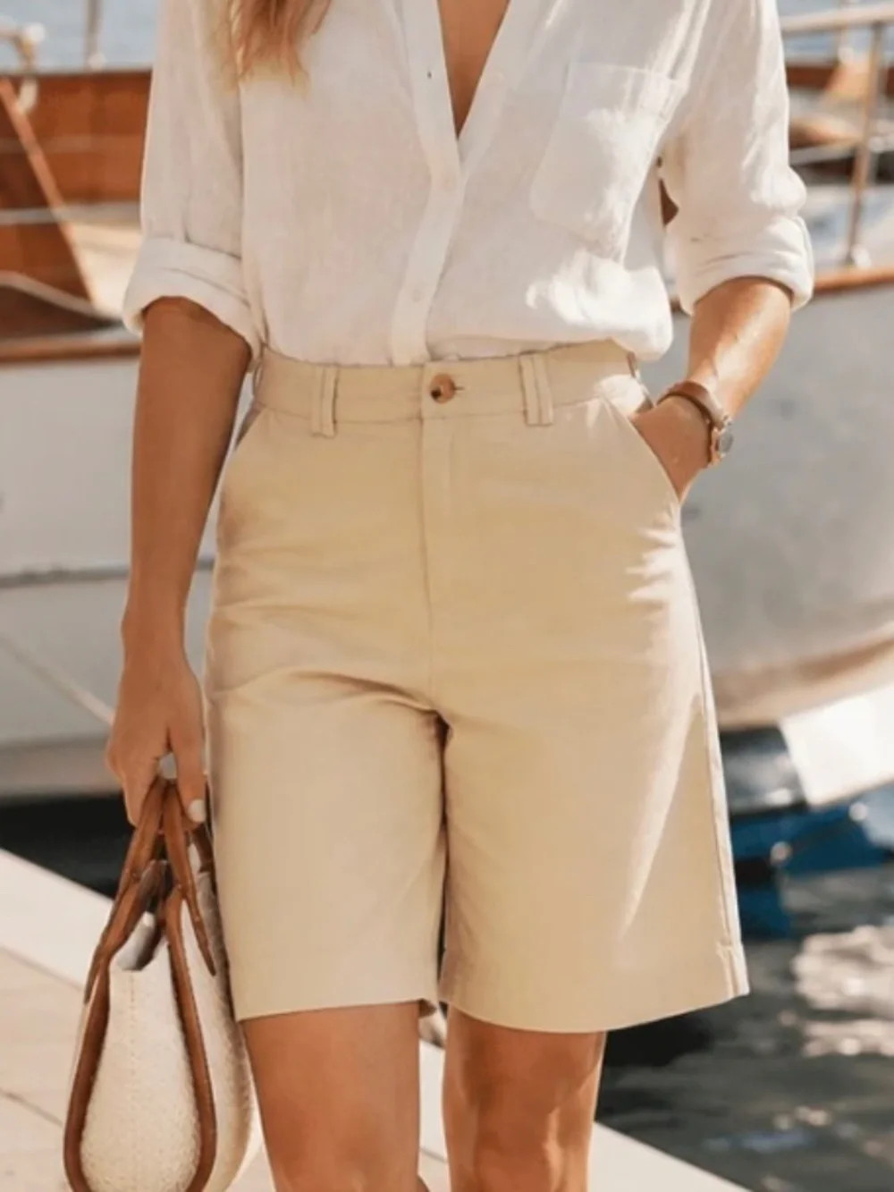 HIGH WAIST DENIM KHAKI CHINO SHORTS - NWOT | Poshmark