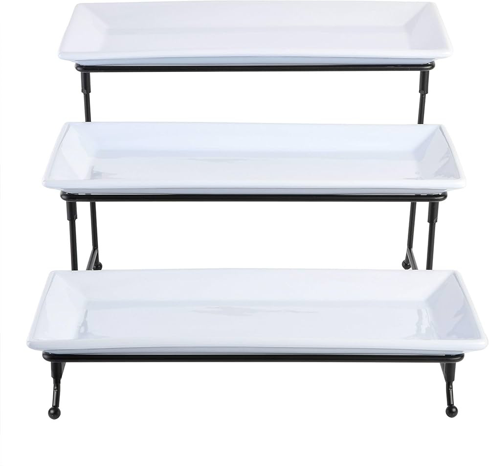 Gibson Home Gracious Dining Dinnerware, 3-Tier Rectangle Plate Set with Metal Stand, White | Amazon (US)