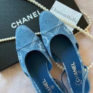 New! CHANEL 23A 🩵 Blue White Denim Slingback Flats Shoes Size 37.5 | Poshmark