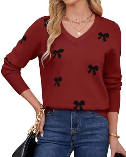 Womens V Neck Knit Sweaters Long Sleeve Lightweight Pullover Printed Cute Tops Winter Casual Fash... | Amazon (US)