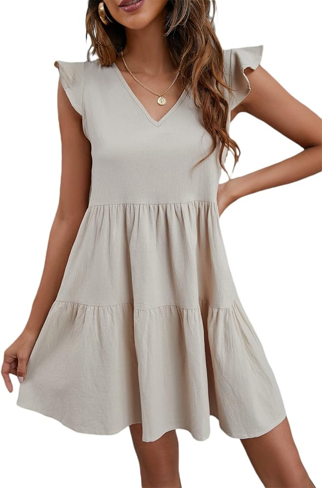 MakeMeChic Women's Ruffle Cap Short Sleeve V Neck Solid Mini Shift Summer Dress | Amazon (US)