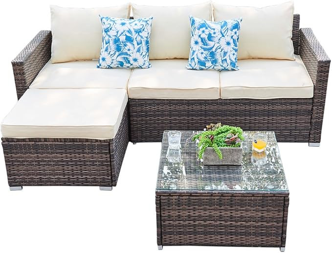 Suntone 3 Pieces Patio Furniture Sets Outdoor Sectional All-Weather Brown PE Wicker Outdoor Couch... | Amazon (US)