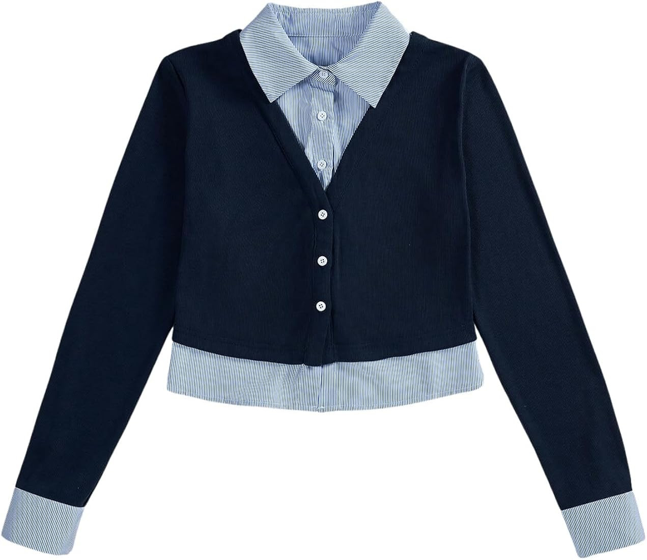 MakeMeChic Women's Striped Print Rib Knitted Long Sleeve Collar Neck Button Down Shirt Blouse Top... | Amazon (US)