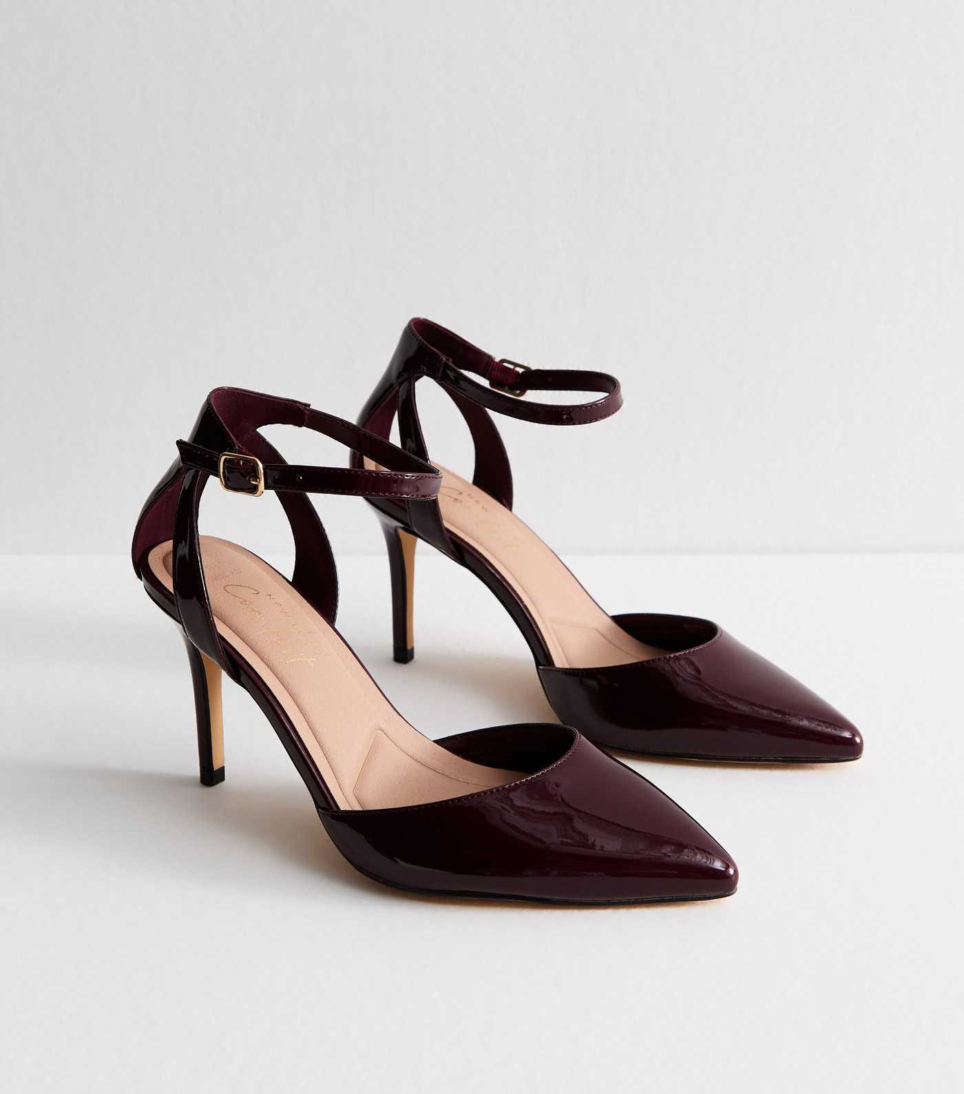 Wide Fit Dark Burgundy Faux Patent Leather Pointed Toe Ankle Strap Pumps | New Look | New Look (UK)