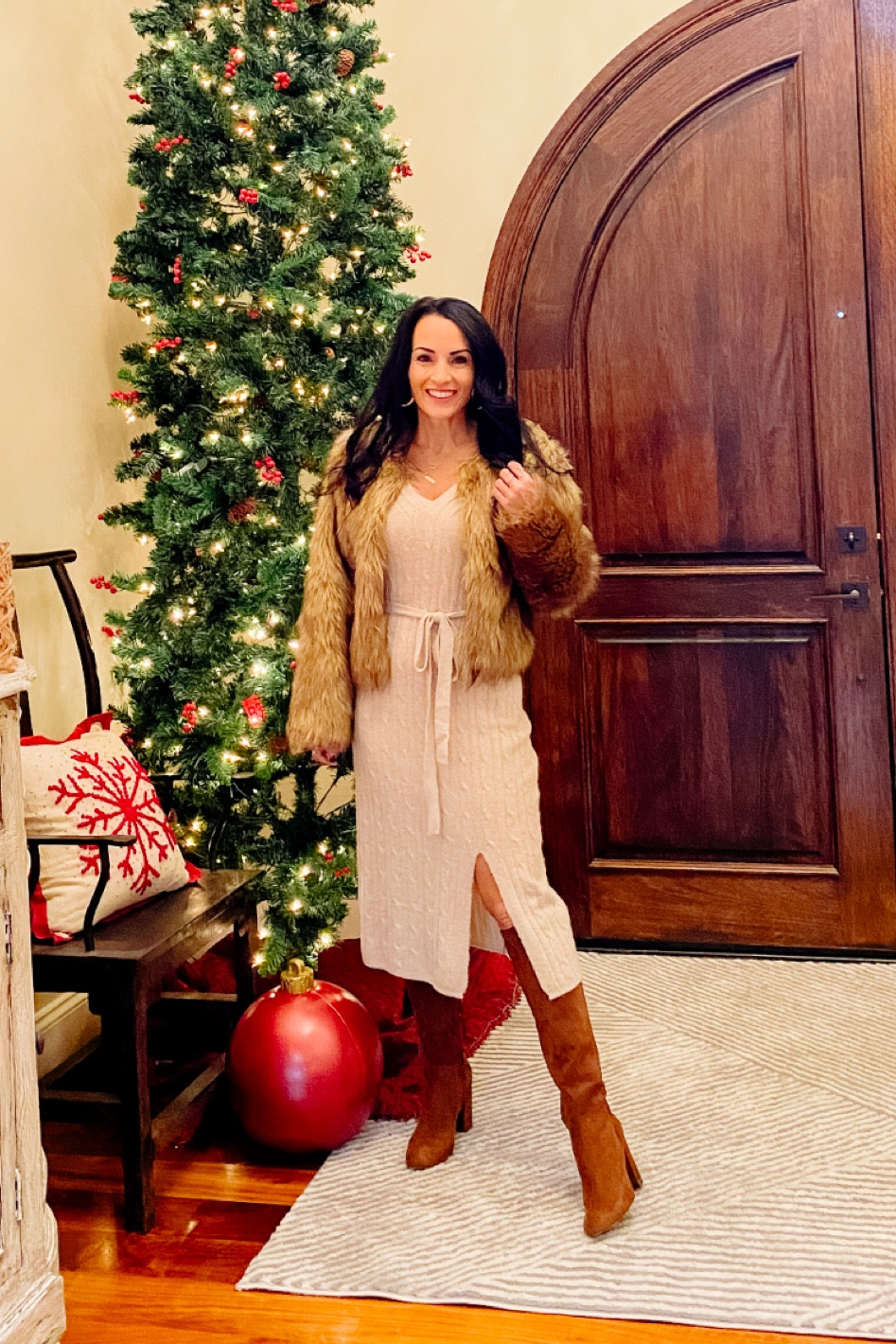 red sweater dress brown boots TALIYAH MINI DRESS