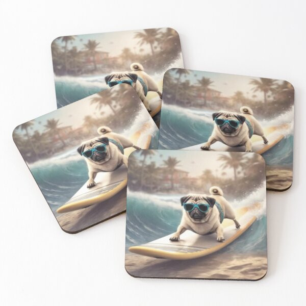 A Pug Surfing  Coasters (Set of 4) | Redbubble (US)