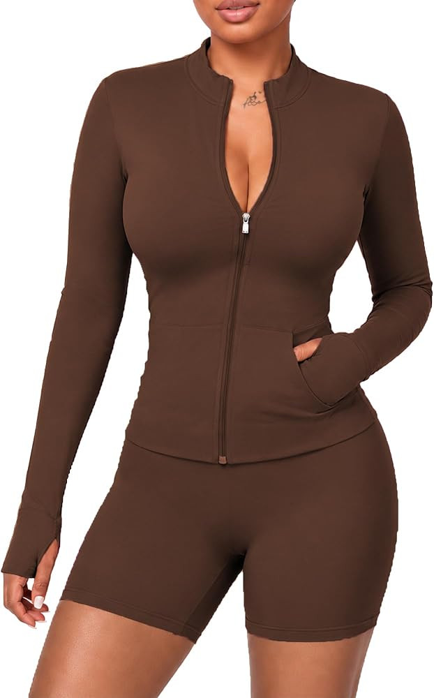 Womens Workout Set 2 Piece Gym Outfit Long Sleeve Zip Top Jacket High Waisted Tummy Control Short... | Amazon (US)