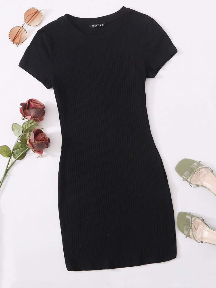SHEIN Solid Rib-knit Bodycon Dress | SHEIN