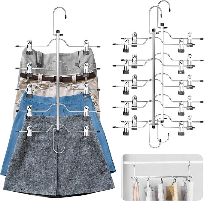 Skirt Pants Hangers Space Saving 5 Tier Metal Skirt Hanger with Adjustable Clips Pants Trouser Ha... | Amazon (US)