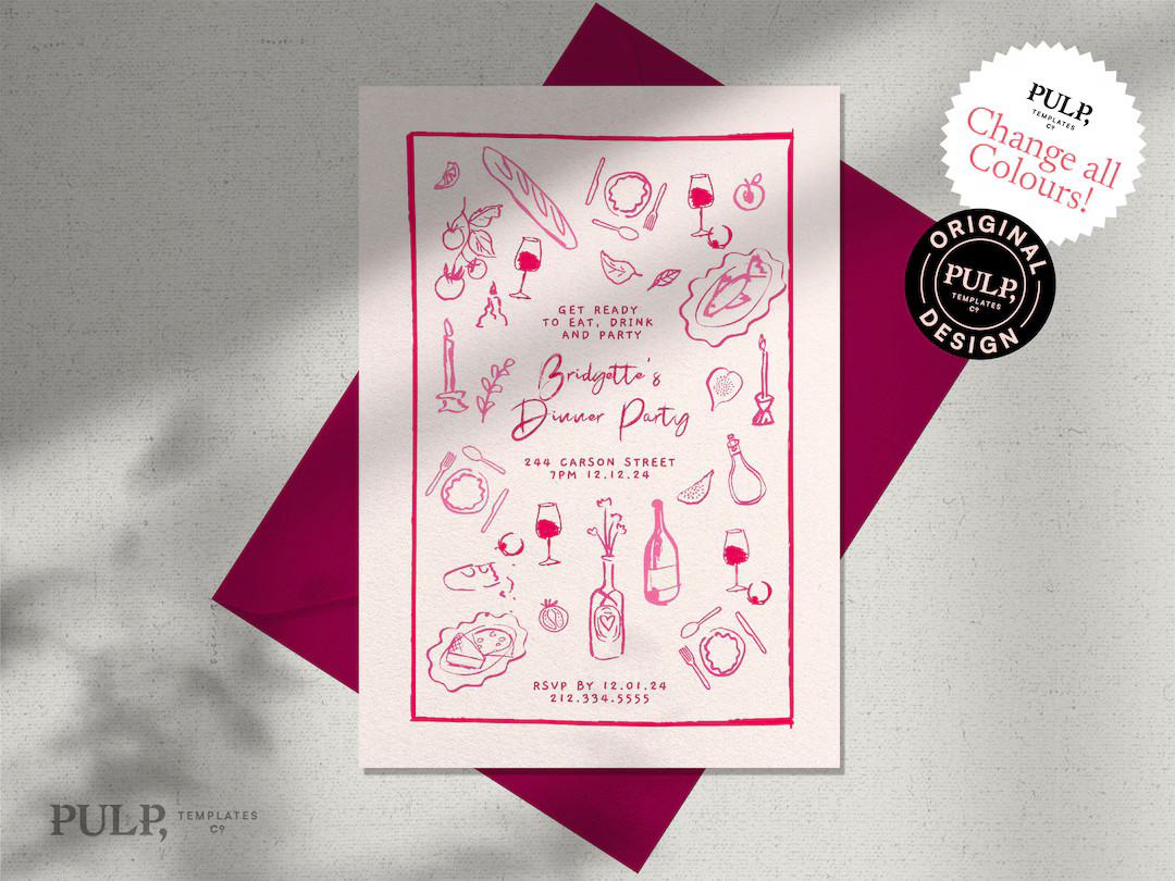 DINNER PARTY INVITE Template Birthday Party Invitation Wedding Rehearsal Whimsical, Funky, Hand D... | Etsy (US)