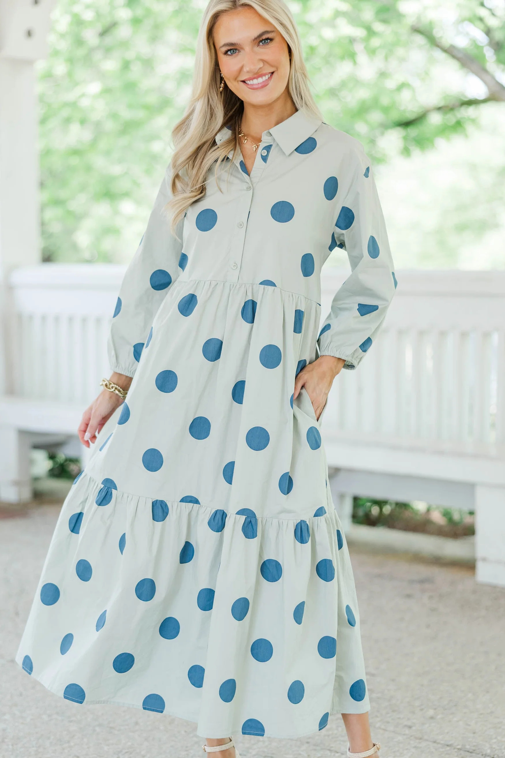 Effortlesss Staple Sage Polka Dot Dress | The Mint Julep Boutique