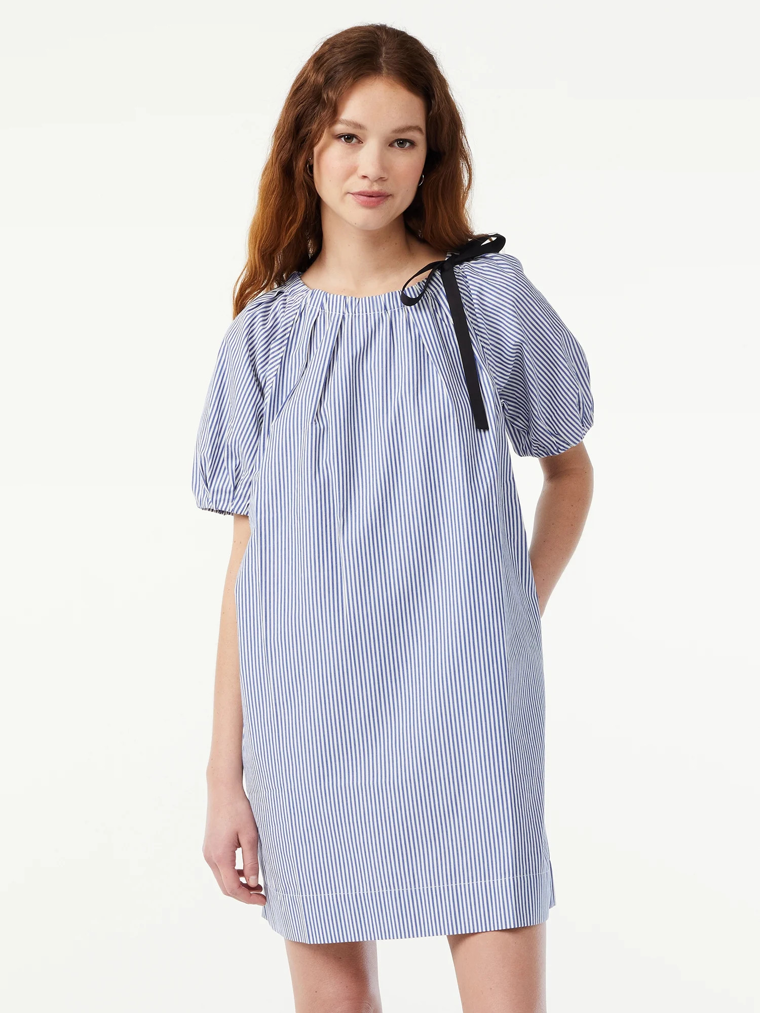 Free Assembly Women's Tie Neck Blouson Dress with Short Sleeves - Walmart.com | Walmart (US)