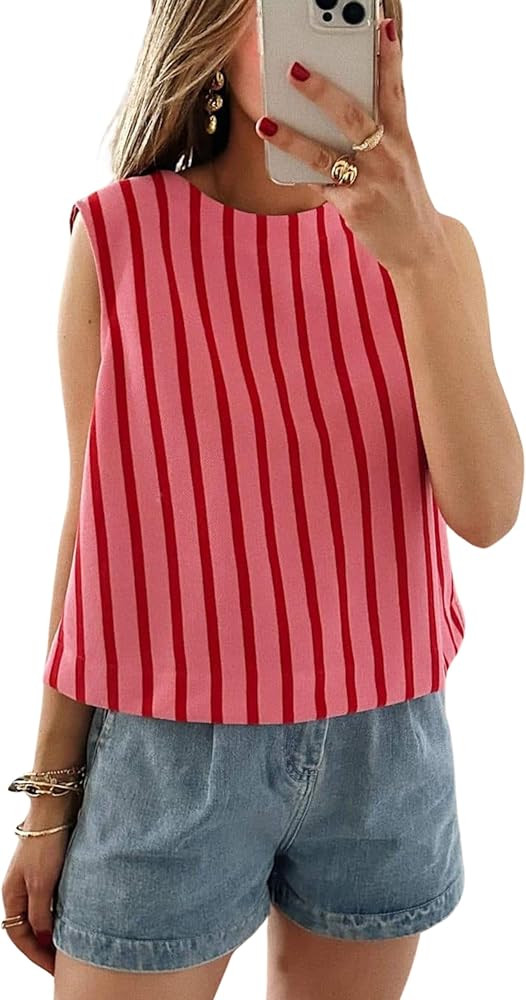 Xiaoxuemeng Womens Striped Top Sleeveless Cotton Tank Top Crewneck Casual Summer Vests | Amazon (US)