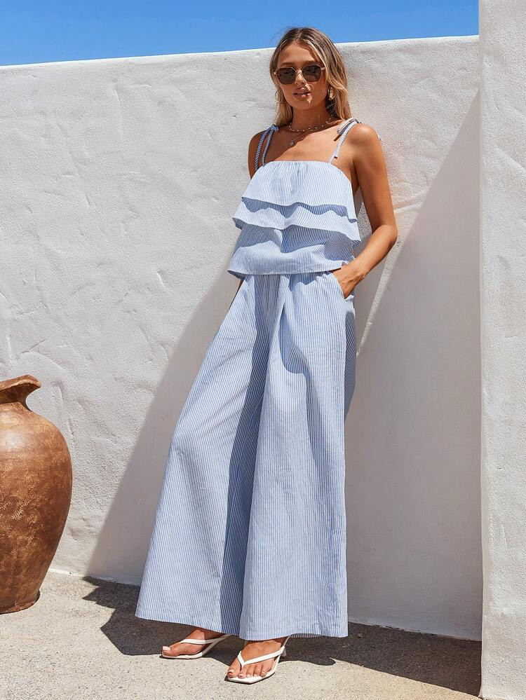 Vivid Eden Women's Vacation Striped Layered Ruffle Camisole And Wide Leg Pants Casual 2 Pieces Set,Spring To Summer,Vacation,Vacation Style,For Beach Vacation,Women Striped Layered Ruffled Cami Top & High Waist Tie-Up Pants Casual Two Pieces Suit Set, Summer Lounge Sets For Women, Blue Two Piece Set, Casual Two Piece Set, Summer Pant Set, Wide Leg Pants Set, Pants Two Piece Set,Cruise Outfits, Striped Two Piece Set, Summer Two Piece Set, Vacation Two Piece Set | SHEIN