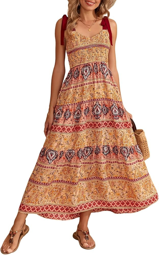 Dokotoo Summer Dresses for Women Tie Strap Floral Maxi Dress Sleeveless 2026 Smocked Tiered Long ... | Amazon (US)