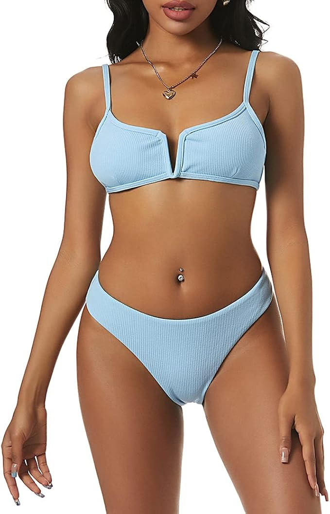 ZAFUL Bikini Ribbed V Wired Cami Swimwear Solid Color Adjustable Straps Bathing Suits for Women | Amazon (US)