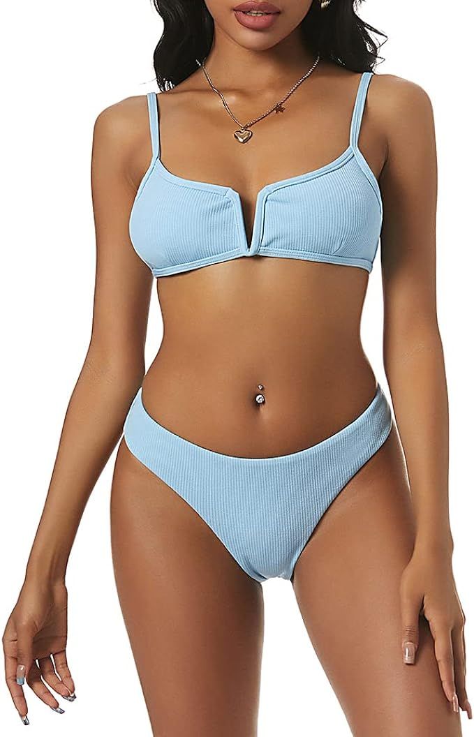ZAFUL Bikini Ribbed V Wired Cami Swimwear Solid Color Adjustable Straps Bathing Suits for Women | Amazon (US)